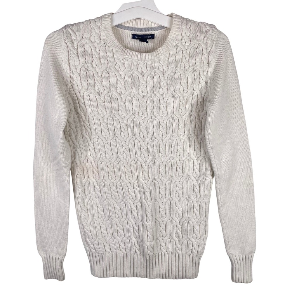Tommy Hilfiger Womens Cream White Cable Knit Crew Neck Sweater XS Cotton Blend‎